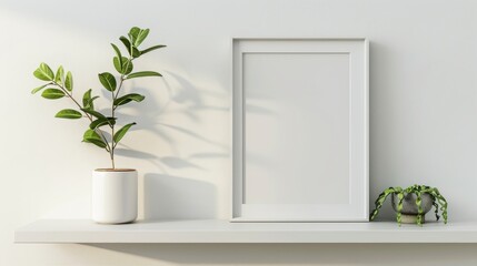 Macro shot of a custom picture frame mockup on a minimalist shelf, showcasing precise geometric shapes with a raw style