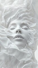 3d rendering of woman face with flowing hair made from white cloth. Closeup of the head and shoulders, symbolizing beauty, confidence, creativity or mystery. Abstract background for design use. detail