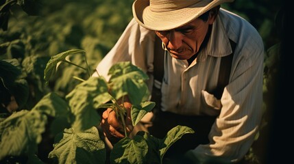 a farmer inspecting a crop damaged by pests, the leaves riddled with holes 