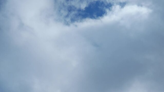 Cumulus clouds low-level, puffy, cotton-like, fluffy in appearance. Cumulonimbus influenced by weather. Instability, humidity, and temperature gradient. Gray and white clouds. Blue sky. Real time.