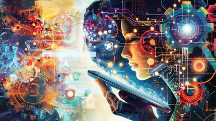 A dynamic illustration showcasing the evolution of artificial intelligence in business, depicted through a series of interconnected gears and circuits merging seamlessly with human hands holding