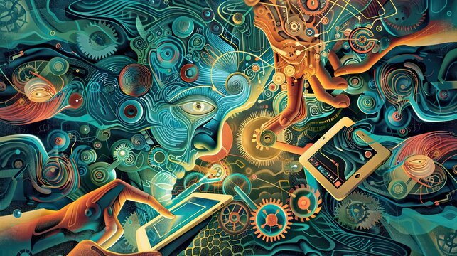 A dynamic illustration showcasing the evolution of artificial intelligence in business, depicted through a series of interconnected gears and circuits merging seamlessly with human hands holding