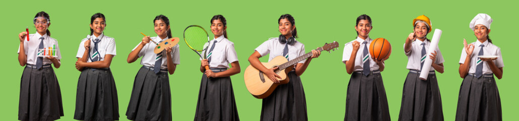 Indian asian schoolgirl in school uniform and career concept