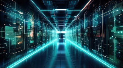 a futuristic data center with rows of glowing servers and intricate network cables.