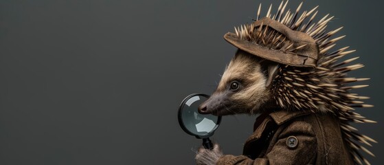Obraz premium An echidna dressed as a detective, with a trench coat and magnifying glass, on a solid grey background with copy space