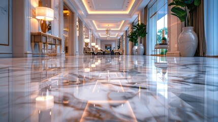 Expansive marble floors reflecting soft ambient lighting