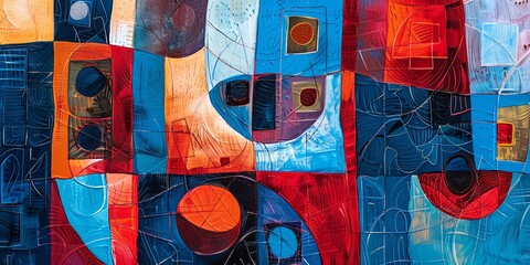 ankara artwork with large squares, thick lines, low detail, blue, red,  tones,aspect ratio 2:1, for fabric texture