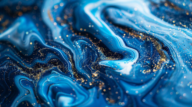 Produce an AI-generated image featuring close-up marble ink designs with vibrant cobalt blue glitter.