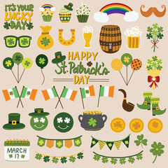 St. Patrick's Day elements set. Balloons, clover leaves, Ireland, Irish flags, leprechaun boots, lucky day, pot of gold coins, rainbow, shamrock. Hand drawn vector illustrations.