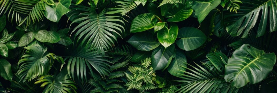 Tropical rainforest with this stunning green leaves background. Lush foliage extends far, creating a lush and immersive nature experience.
