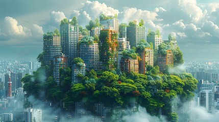 A cityscape with green rooftops and community gardens, highlighting urban sustainability for World Environment Day List of Art Media illustration