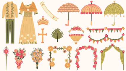 Filipino Santacruzan and Flores De Mayo festival elements set. Traditional pageant, cultural parade. Hand drawn vector illustrations.