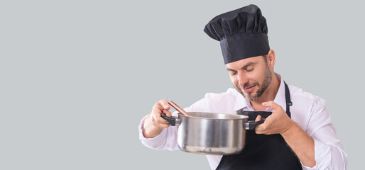Man chef cook wearing uniform, banner. Chef Man in chef hat. Isolated portrait of man cooking.