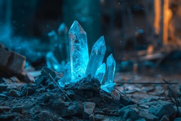 Crystal formations, emerged from the ruins of a library, glowing with a deep blue radiance, within a desolate wasteland with blurry background, scifi photo, Sharpen banner