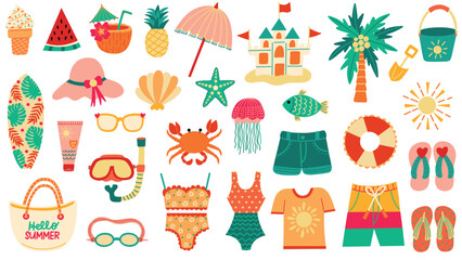 Summer beach party elements set. Pool party summer vacation essentials. Swimwear, flip flops, tropical treats, sea creatures, summer fashion. Hand drawn vector illustrations.