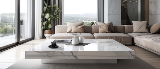Minimalist white marble coffee table in a contemporary living room with clean lines and neutral tones, providing a sleek and stylish centerpiece