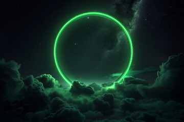 Vivid lime green neon ring enhances the mystical ambiance of a cloud in a dark night sky.