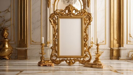 Ornate Golden Frame with Candlesticks in Luxurious InteriorOrnate golden frame with candlesticks in luxurious interior