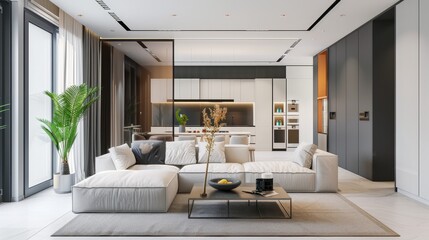 A minimalist interior design of a modern living room with sleek furniture and a calming color palette, ideal for home decor themes