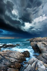 Obraz premium A dramatic stormy sky over a rugged coastline, capturing the power and beauty of nature's elements in action