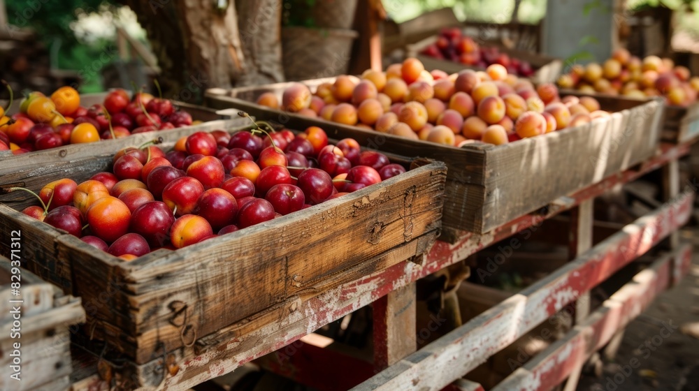 Wall mural a rustic wooden cart overflowing with crates of fresh cherries apricots and peaches beckoning visito