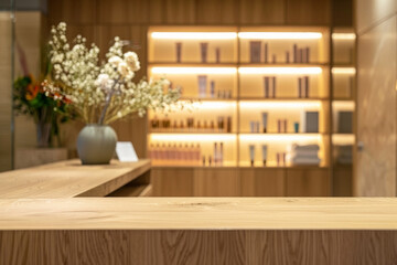 Fototapeta premium A wooden reception desk in the foreground with a blurred background of a high-end spa. The background features elegant decor, comfortable seating, shelves with beauty products, and calming ambient