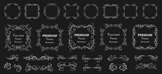 Calligraphic design elements . Decorative swirls or scrolls, vintage frames , flourishes, labels and dividers. Retro vector illustration