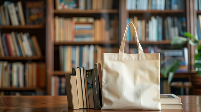 Beige canvas tote bag mockup template on wooden table in library surrounded by bookshelves. Eco friendly totebag mock up made of natural cotton. Reusable shopper ecobag canvas for design. 