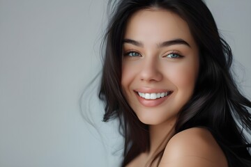 beautiful young woman with healthy, glowing skin, shiny skin, and long black hair for Skincare cosmetics, advertisements