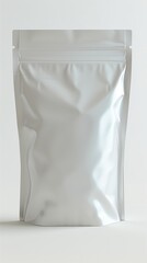 A white mylar stand up Pouch with no graphics, mockup style, on a white background