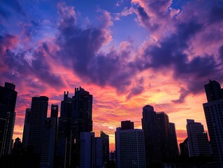 Fototapeta premium A dynamic cityscape at sunset, with skyscrapers silhouetted against a vibrant sky, showcasing urban beauty