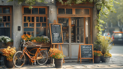 In the morning light, a luxurious outdoor cafe on the corner of street. There is a coffee blackboard stand and an orange bicycle at the door. Generative AI. - Powered by Adobe