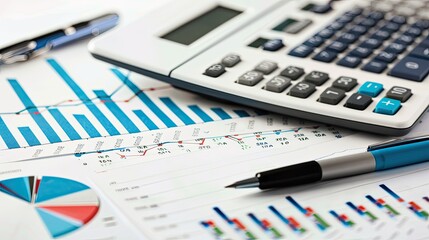 Business audit stock financial finance management on analysis data strategy with pen and calculator as complimentary objects.