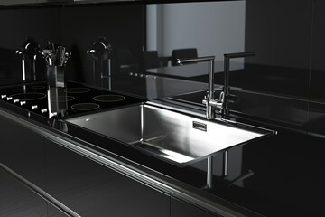 Modern Kitchen Sink Design with Sleek Black Finish.Details of the interior of the kitchen in the house. Stylish metallic crane at the kitchen. Sink faucet at the kitchen. Metal crane in close-up photo