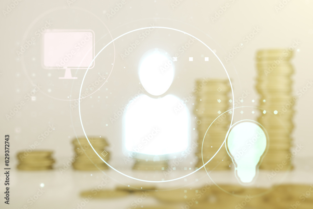 Poster abstract virtual social network hologram on coins background. double exposure