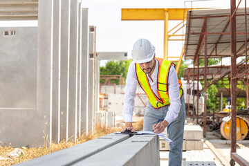 Engineer man in hardhats on construction site, Foreman checking project at the precast concrete...