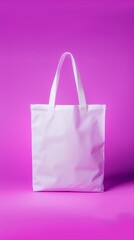 Mockup of a a plain white canvas tote bag with handles, set against a pastel purple background, perfect for eco-friendly shopping or branding.