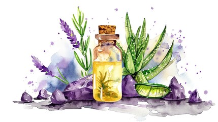 A bottle of oil with lavender and rosemary, an Aloe vera plant on the right side, purple lava rocks around it, in the style of a watercolor illustration, clipart white background.