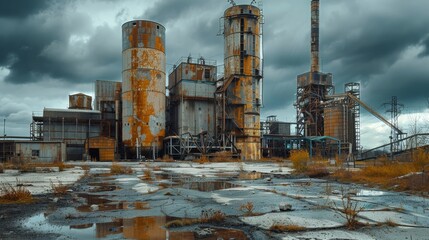 Wide shot of a derelict industrial plant with rusted silos and metal structures under a cloudy sky - Powered by Adobe