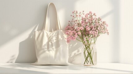 White blank tote bag mock up, on a white table with pink and cream flowers inside the tote bag