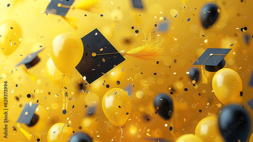 Wall mural An elegant bright yellow and shiny black graduation inspired background with caps, diploma balloons and confetti. Generative AI.