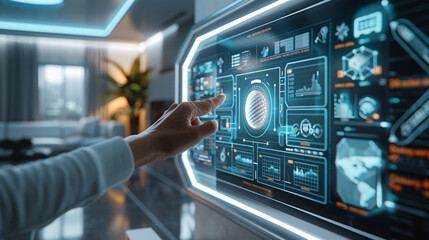 Fototapeta premium A futuristic smart home interior featuring AI-augmented reality interfaces, with holographic displays showing various smart home components. The minimalist design uses a minimal color palette and