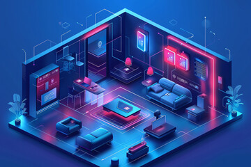 Fototapeta premium A futuristic smart home interior featuring AI-augmented reality interfaces, with holographic displays showing various smart home components. The minimalist design uses a minimal color palette and