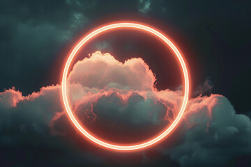 Vertical 3D frame with a bright peach neon ring around dark swirling clouds.
