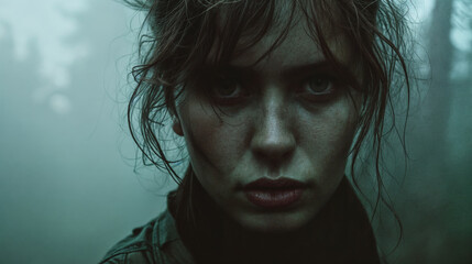 Young Woman with Intense Stare in a Foggy Forest Setting, Gothic and Mysterious Mood