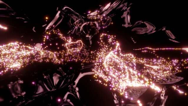 Abstract background with moving flickering particles. Design. Red bended tubes with duat glowing particles.
