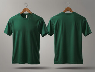 AI Generative. Green t-shirt  blank front and back view of mock up on light gray background. 