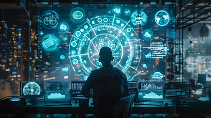 A futuristic scene of a data analyst at a workstation with holographic screens and digital data, symbolizing advanced technology.