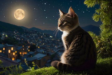 A cute cat sitting alone and watching the moon