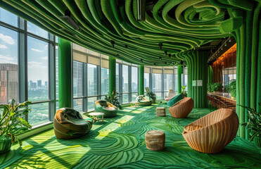A vibrant green office space with plush grass waves on the floor. Created with Ai